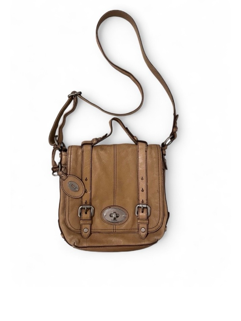 VTG Fossil Maddox Tan Leather Flap Satchel Crossbody Messenger Shoulder Bag